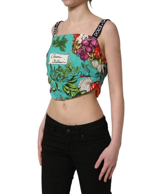 Dolce & Gabbana Green Silk Vegetable Print Cropped Top Elastane