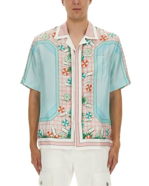Casablanca Blue Vibrant Silk Short-Sleeved Shirt With Geometric Patterns for men