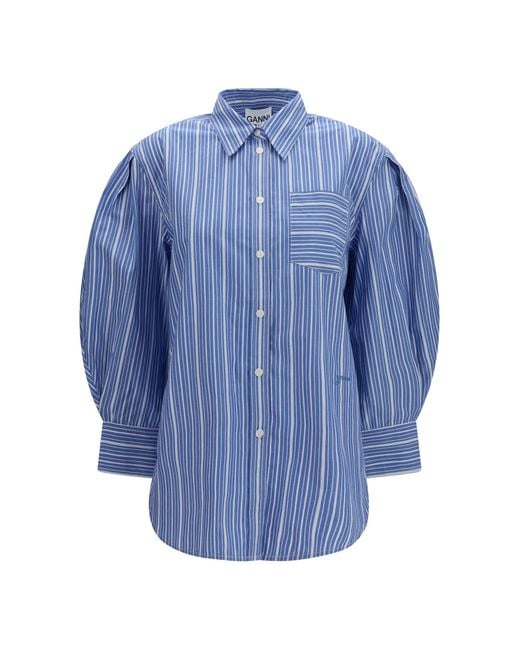 Ganni Blue Striped Cotton T-Shirt