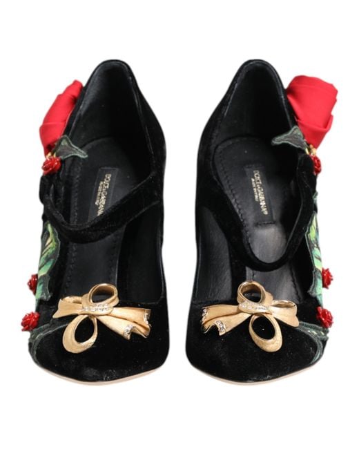 Dolce & Gabbana Black Roses Crystal Brooch Mary Jane Shoes Rayon Silk