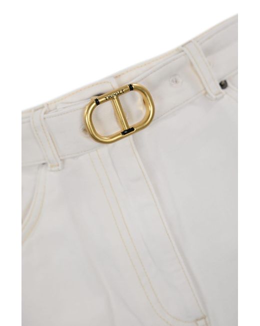 Twin Set White Wide Leg Jeans With Logo Belt