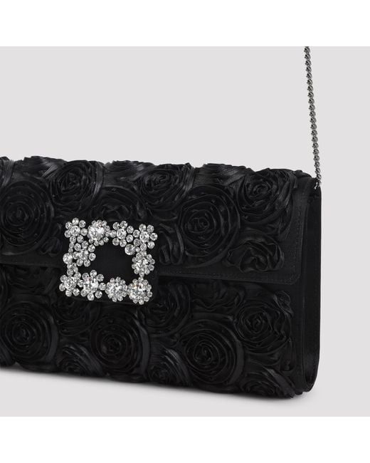 Roger Vivier Black Envelope Flap Rose Flower Buckle Shoulder Bag