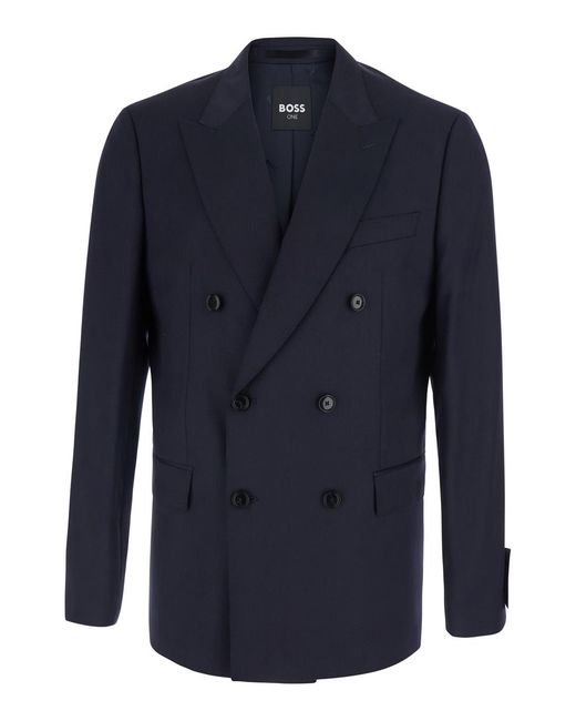 Boss Blue Double-Breasted Wool Jacket Blazers for men
