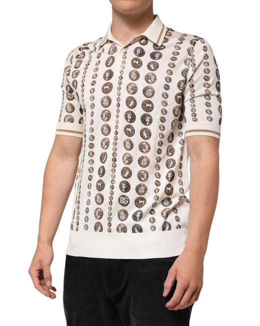 Dolce & Gabbana White Silk Ivory Coin Print Logo Polo T-Shirt for men