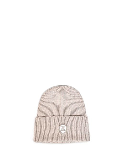 Brunello Cucinelli Natural Cashmere Knit Beanie With Logo Patch