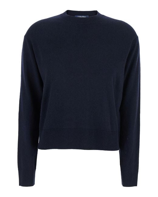Max Mara Blue Crewneck Sweater With Logo Patch Wool Tops