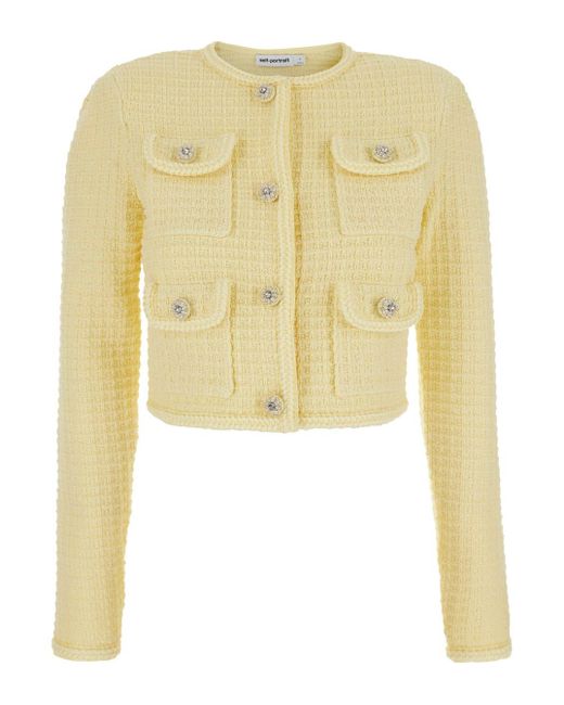Self-Portrait Yellow Crop Cardigan With Jewel Buttons