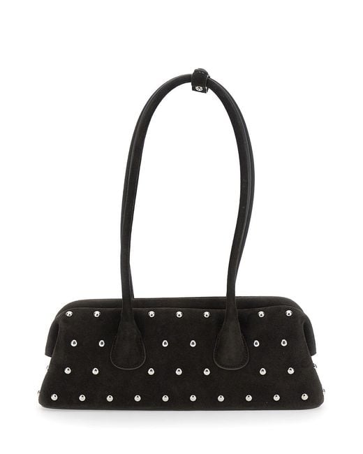 OSOI Black Boat Wide Mini Shoulder Bag With Round Handles And Beaded Embellishment