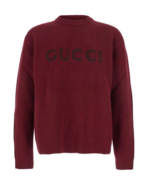 Gucci Red Bordeaux Crewneck Sweater With Logo Lettering Embroidery On The Front for men
