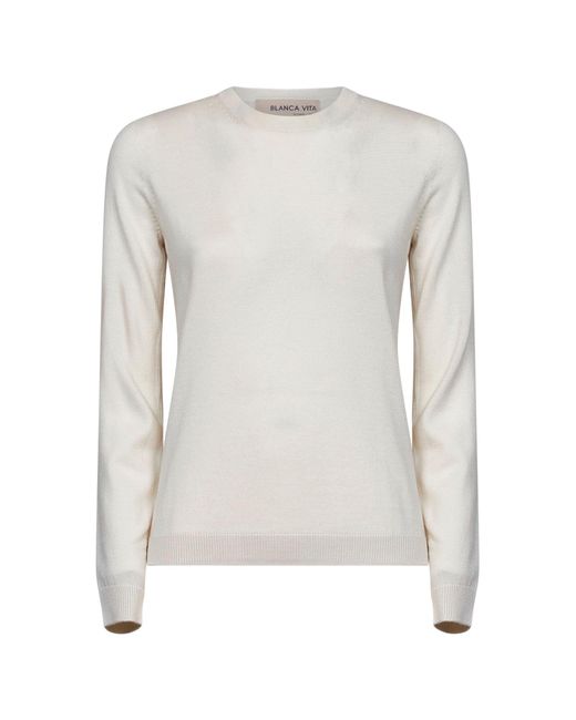 Blanca Vita White Lightweight Virgin Wool Crewneck Sweater