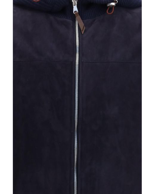 Brunello Cucinelli Blue English Knit Jacket Calf Leather Bos Taurus for men