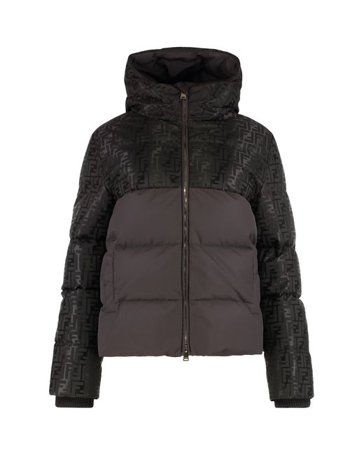 Fendi Black Down Jacket Ff Jacquard Cotton Puffer