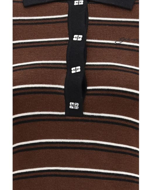 Ganni Brown Striped Merino Polo Shirt Wool Ovis Aries