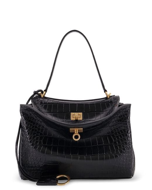 Balenciaga Black Rodeo Leather Shoulder Bag With Croco Effect
