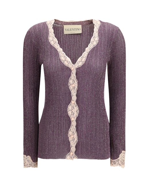 Valentino Purple Lurex Knit Cardigan With Lace Viscose; Other Fibres