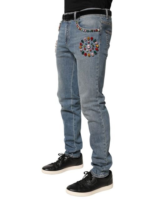 Dolce & Gabbana Blue Embellished Loose Cotton Denim Jeans Elastane Clothing for men