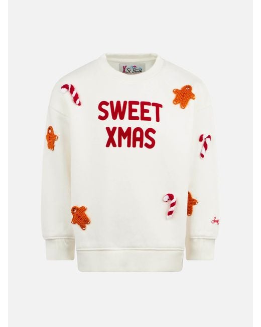 Mc2 Saint Barth White Girl Crewneck Sweatshirt With Ginger Cane Patches