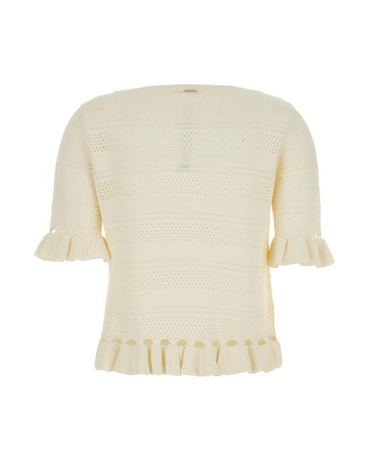 Twinset White Sweater With Ruffles And Perforated Design