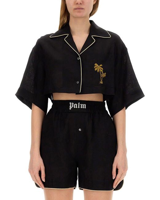 Palm Angels Black Cropped Bowling Shirt