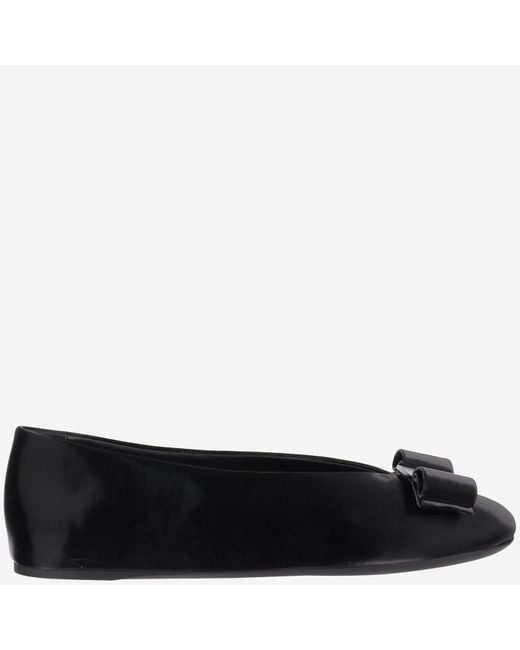 Ferragamo Black Leather Bow Ballerina Flats