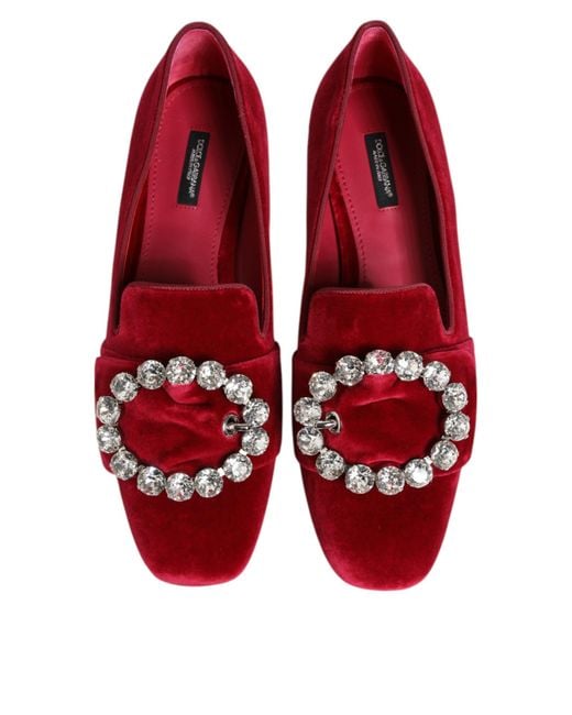 Dolce & Gabbana Red Velvet Loafers Rhinestone Buckle