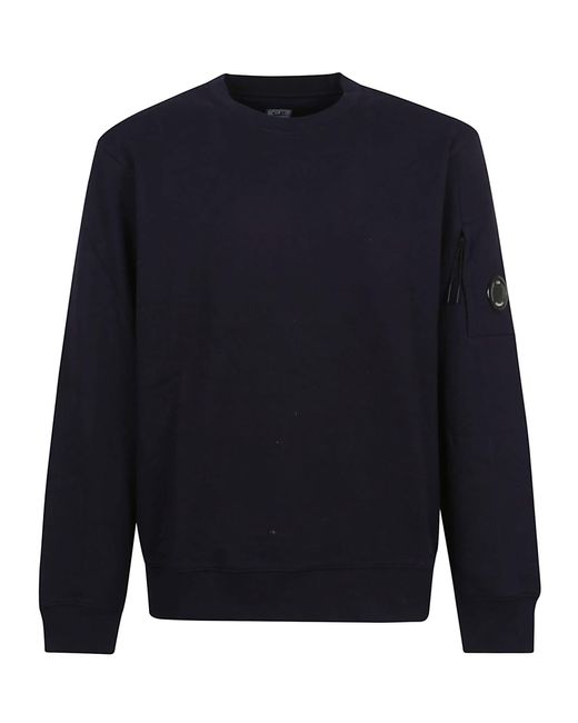 C P Company Blue Diagonal Raised Fleece Crew Neck Lens Sweatshirt for men