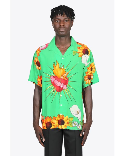 Pleasures Heart Button Down Bright Green Rayon Short Sleeves Shirt With Floral Print And Ex-voto Front Heart for men