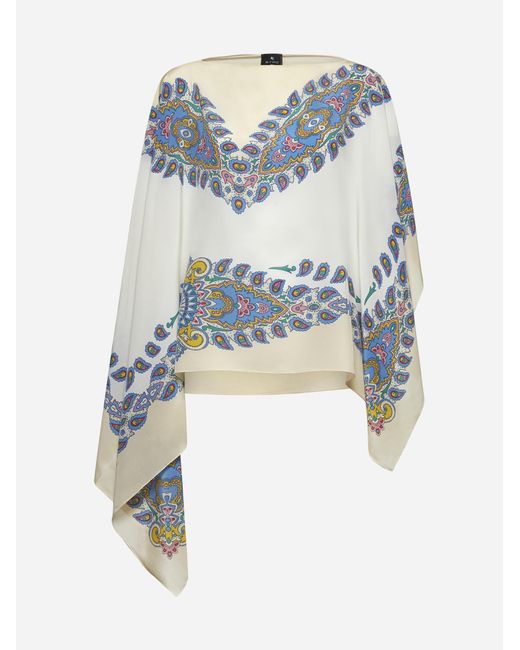 Etro Blue Ivory Paisley Print Crêpe De Chine Poncho