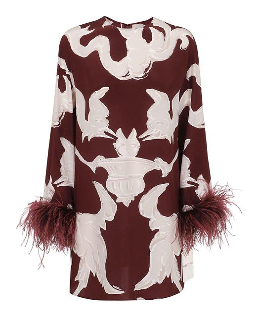 Valentino Pink Feather-trim All-over Patterned Mini Dress