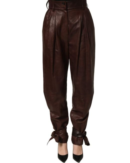 Dolce & Gabbana Brown Leather High Waist Tapered Leg Pants Lamb