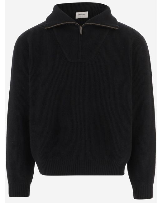 Saint Laurent Black Sweater Half-Zip Ribbed Wool for men