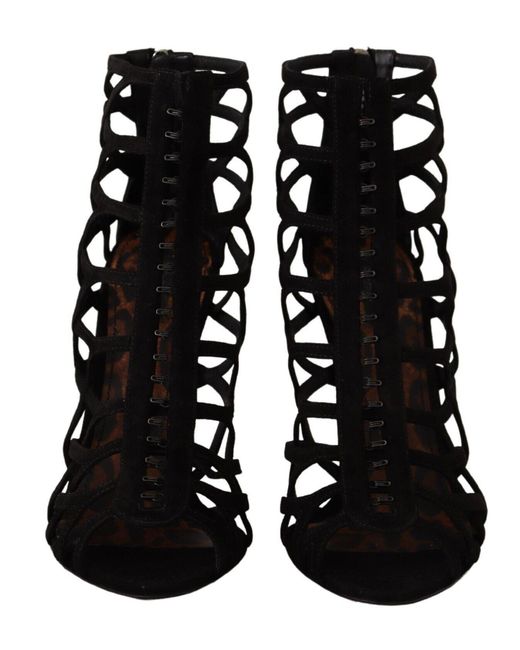 Dolce & Gabbana Black Cage Sandals Suede Heels Leather