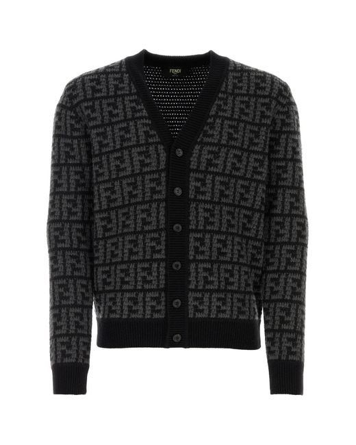 Fendi Black Embroidered Cashmere Cardigan for men