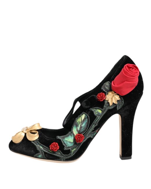 Dolce & Gabbana Black Roses Crystal Brooch Mary Jane Shoes Rayon Silk