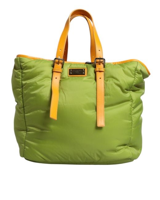 Dolce & Gabbana Green Nylon Padded Logo Plaque Tote Crossbody Bag