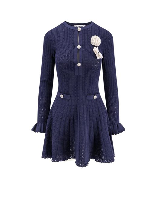 Self-Portrait Blue Perforated Knit Short Dress With Removable Lace Brooch