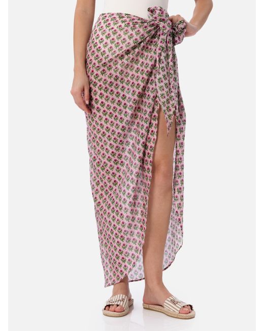 Mc2 Saint Barth Pink Silk Voile Long Pareo Oasi With Flower Print