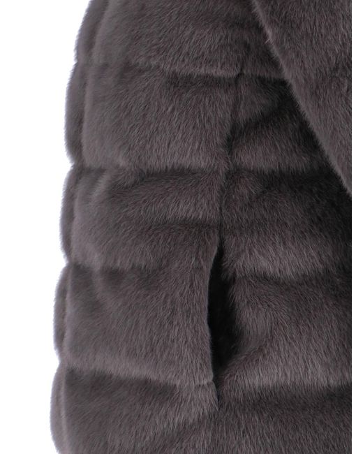 Herno Gray Quilted High-Collar Faux Fur Coat
