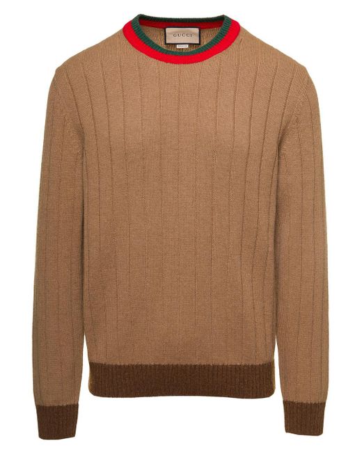 Gucci Camel Brown Rib Knit Sweater With Web In Wool for men