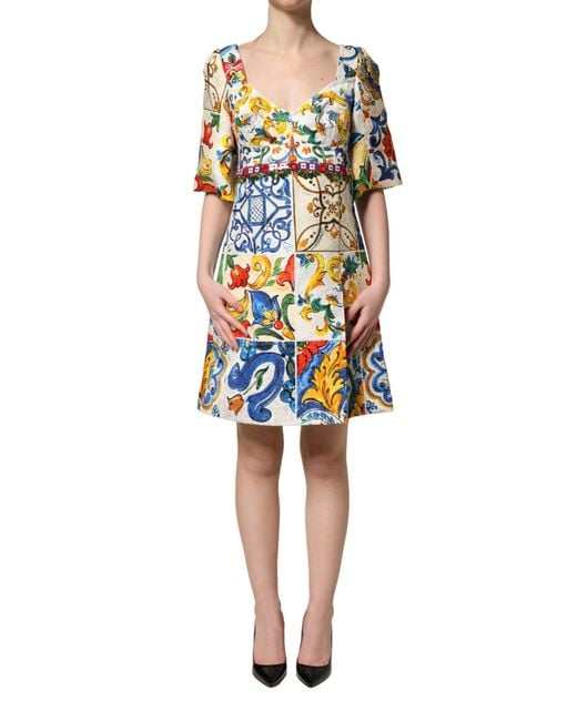 Dolce & Gabbana Multicolor Majolica Silk Cotton Mini Gown Dress
