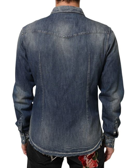 Dolce & Gabbana Blue Angel Patch Denim Buttoned Down Shirt for men