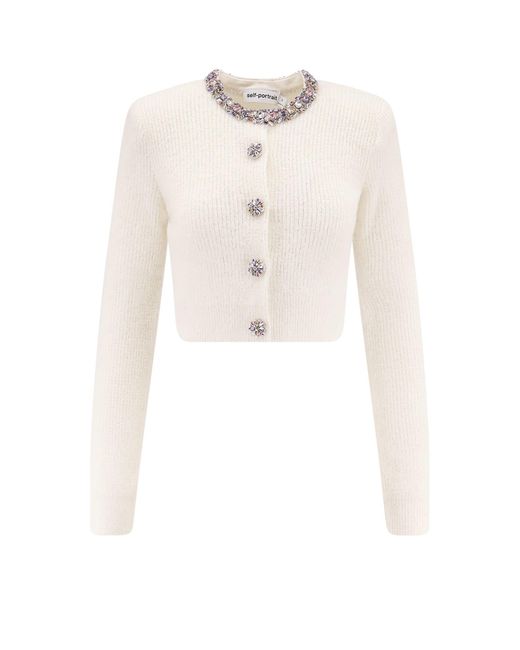 Self-Portrait White Alpaca Blend Cardigan With Rhinestones