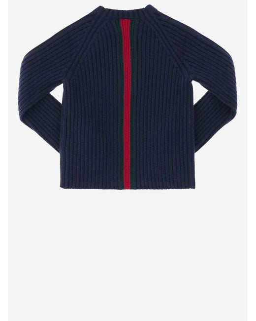 Gucci Blue Wool Sweater With Web Detail for men