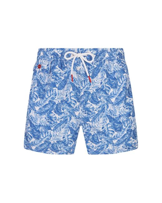 Kiton Blue Swim Shorts With Light Foliage Print for men