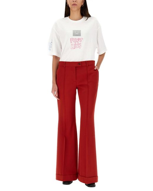 Acne Red Wool Blend Pants With Button Closure And Belt Loops For