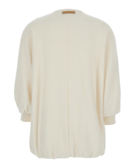 Max Mara White Crewneck Knit Jacket With Logo Patch Virgin Wool Coat