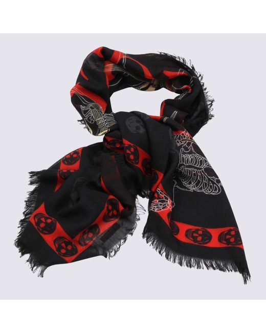Alexander McQueen Black And Red Modal And Silk Blend Logo Scarf for men