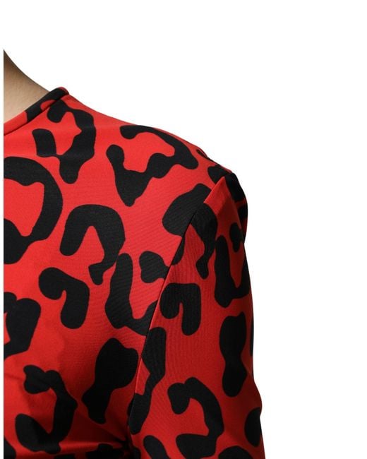 Dolce & Gabbana Red Leopard Print Long Sleeves Midi Dress Nylon Elastane