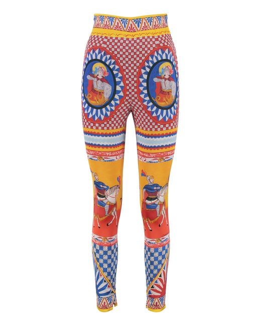 Dolce & Gabbana Blue Leggings Carretto Print Silk