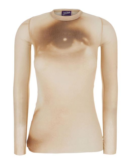Jean Paul Gaultier Natural Long-Sleeved T-Shirt With Face Print Tech Fabric